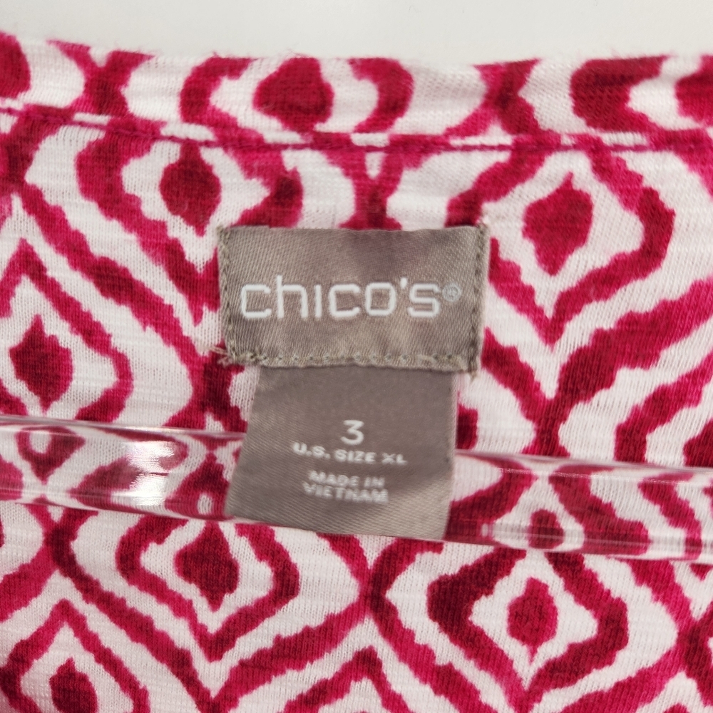 Chicos 3 Long Sleeve Printed Top Tee Womens Size XL Pink White Geometric - Picture 4 of 8